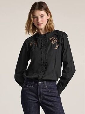Old Navy x Anna Sui Black Floral Applique Ruffle-Front Blouse